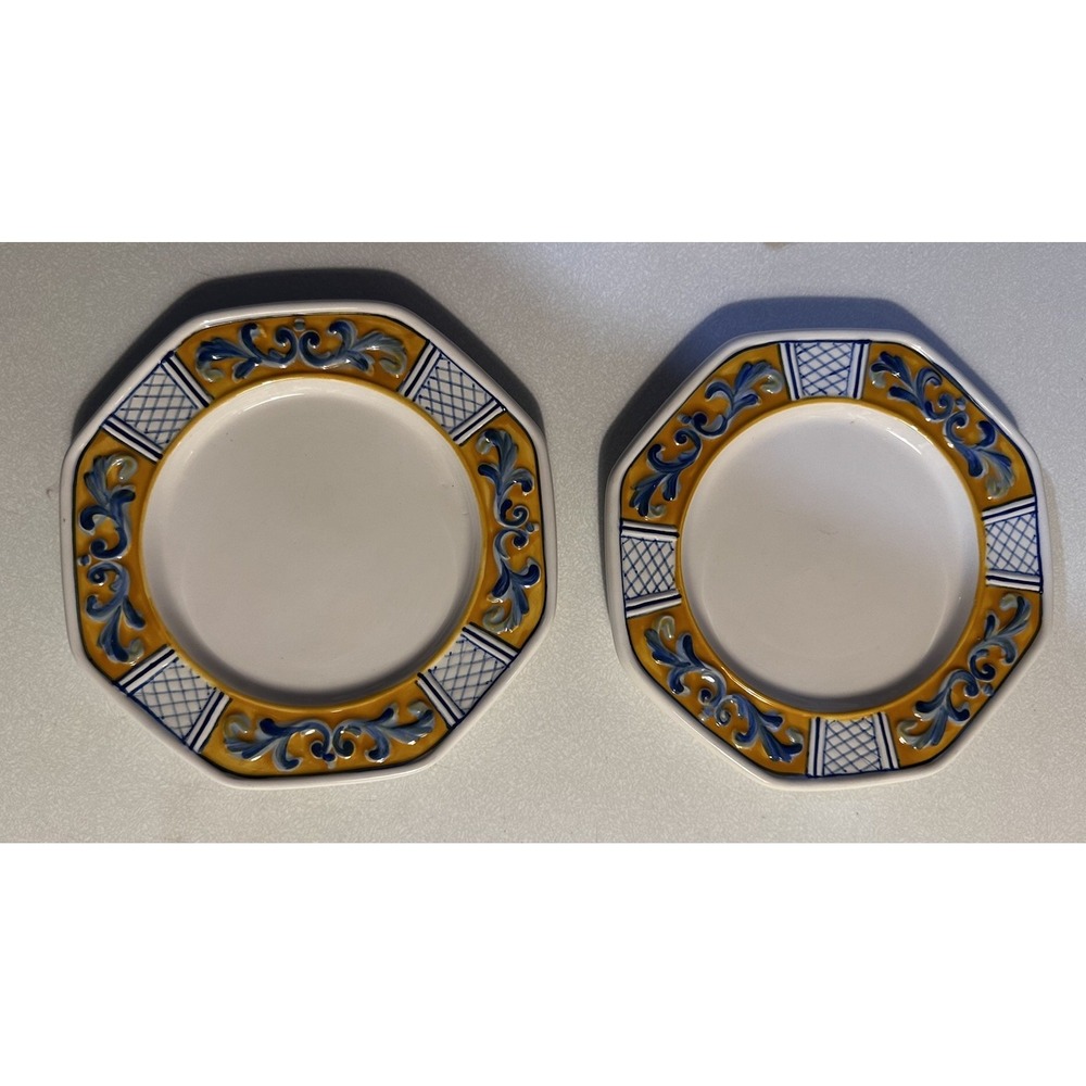 Fitz and Floyd Ricamo Trattoria Plates Set of 2 Yellow Blue